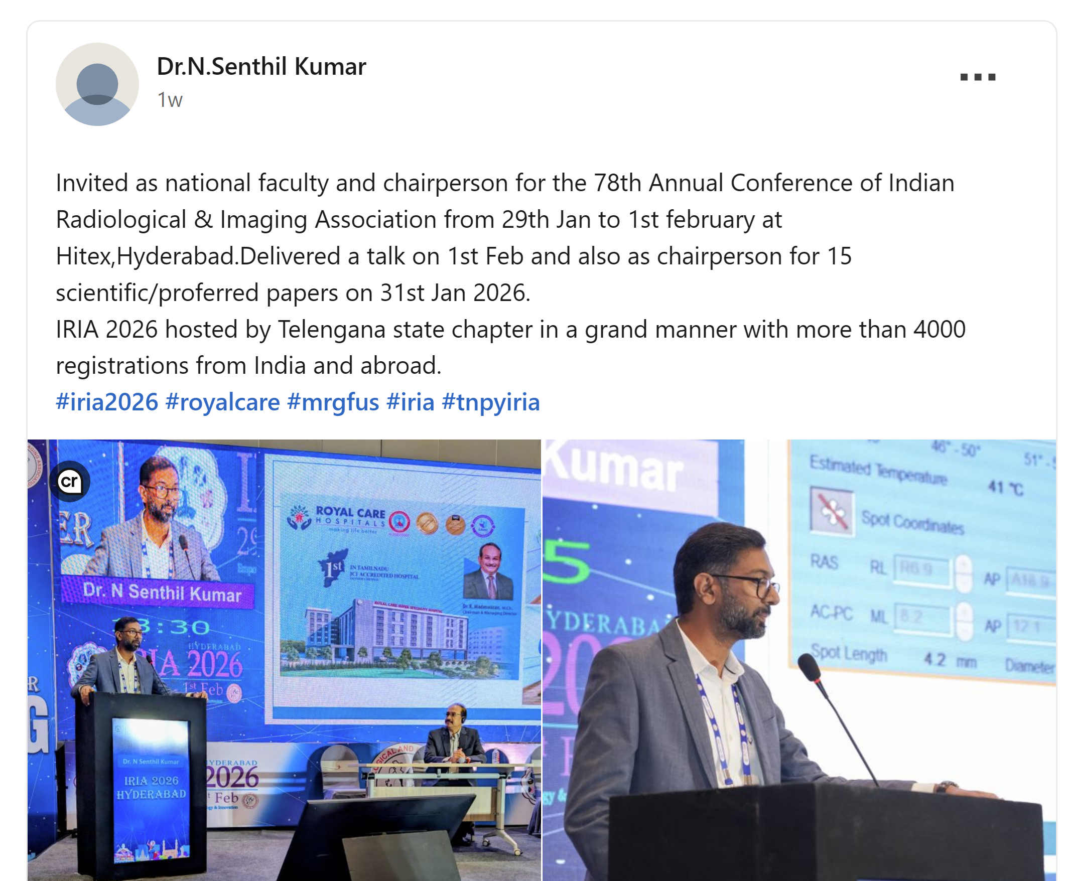 National faculty and chairperson for the 78th Annual Conference of Indian Radiological & Imaging Association from 29th Jan to 1st february at Hitex,Hyderabad.